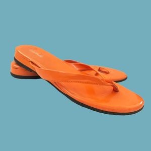 Orange patent mini wedge sandals
